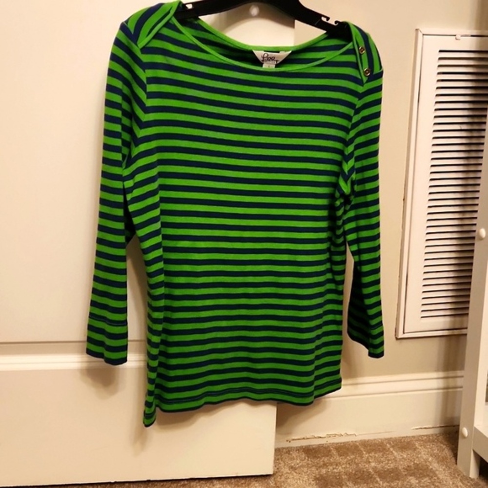 Lilly Pulitzer Green & Navy Blue Striped Elbow-Sleeve Shirt Size L
